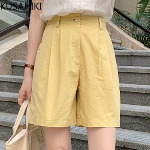Summer Women Shorts Korean Fashion Bottoms Causal Solid High Waisted Wide Leg Short Feminimos 6H784 210603