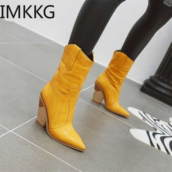 Classic Embroidered Western Cowboy Boots for Women Leather Cowgirl High Heels Shoes Mid Calf Woman 211105
