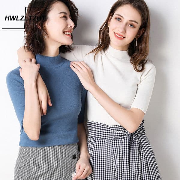 HWLZLTZHT Women's Cashmere Turtleneck Short Sleeve Knitted Pullover Tee Base T Wool Cashmere Sweater Plus Size Women Jumper 210302