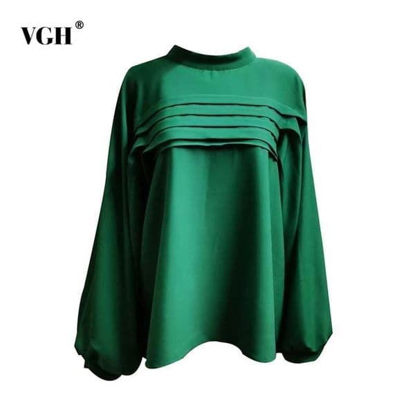 Casual Solid Ruched Shirt For Women O Neck Lantern Long Sleeve Straight Loose Blouses Female Summer Fashion Stylish 210531