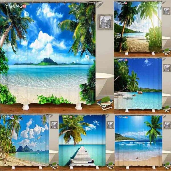 Variety of various sunny beach scenery seaside 3D printing shower curtain polyester waterproof home decoration with hook 210915