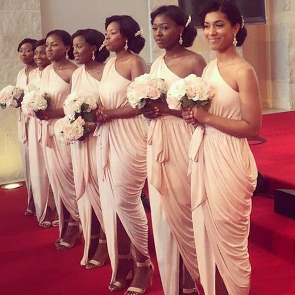 Bridesmaid Ruched Beach Wedding Party Guest Dresses Nude One Shoulder Front Split Junior Maid of Honor Dress Ankle-length