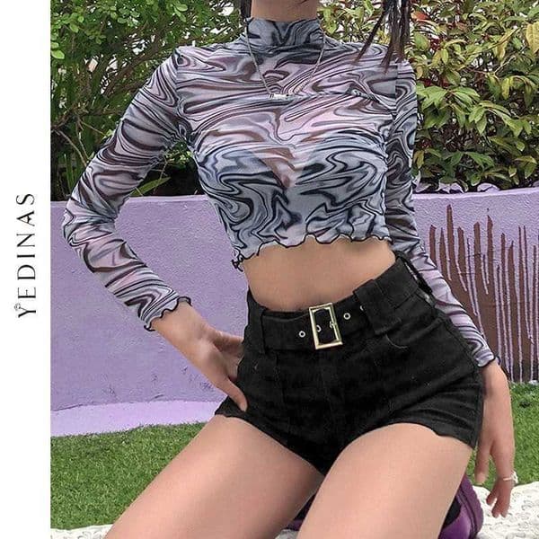 Yedinas Long Sleeve Crop Tops T Shirts Women Transparents Ruffles Hems Mesh Turtleneck Tshirt Y2k Aesthetic Top Streetwear 210527
