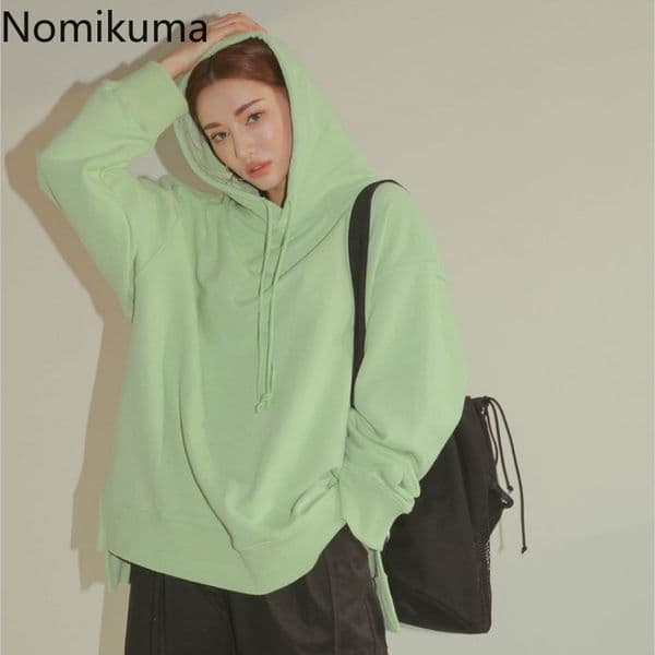 Nomikuma Autumn Causal Oversized Women Hooded Sweatshirt Long Sleeve Solid Hoody New Korean Chic Pullover Hoodies 6C172 210427
