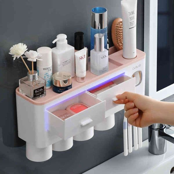 Bathroom Accessories Organizer Set Automatic Toothpaste Dispenser Wall Mount Toothbrush Holder Toiletries Storage Rack 210322