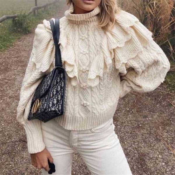 Winter Fashion Women Ruffled Chic Sweet Lantern Sleeve Laminated High Neck Knitted Sweaters Vintage Pullovers Tops Jumpers 210805