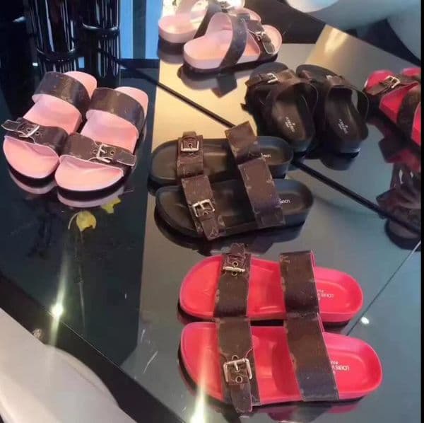 2021 designer Slippers Women flip flops Leather sandal Double Metal Black White Brown slides Summer Beach Sandals with BOX