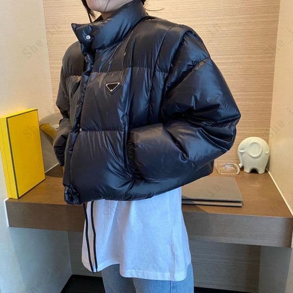 Womens Short Jackets Fashion Down Coats Winter Girls Trendy Parkas Metal Triangle Letter Pattern Removable Sleeve Vest