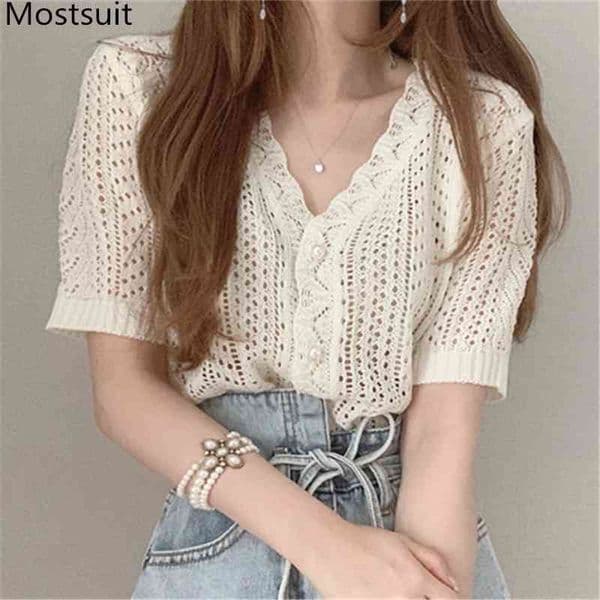 Summer Korean V-neck Hollow Cardigans Tops Women Short Sleeve Single-breasted Sweaters Fashion Vintage Elegant 210514