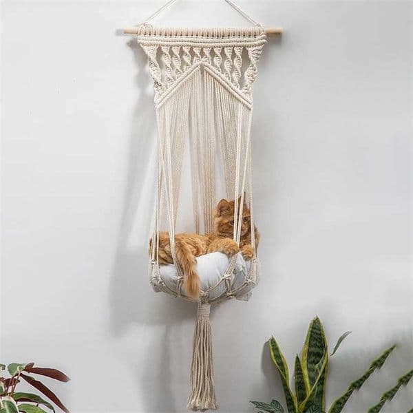 Macrame Cat Hammock,Macrame Hanging Swing Cat Dog Pet Bed with Hanging Kit for Indoor Cats Hand-Woven Hanging Basket Home Decor 2101006
