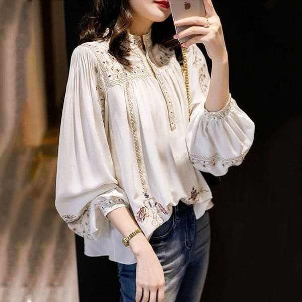 Lady Large Size Fashion Printed Shirt Women's Spring Summer New Retro Bohemian Long Lantern Sleeve Elegant Blouse Tops P191 210317