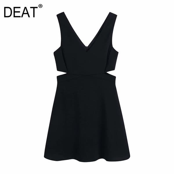 [DEAT] Black Casual Loose Sleeveless Hollow Out High Waist V-neck Show Dress Women Summer Fashion 13C291 210527