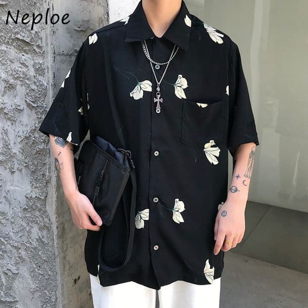 Neploe Harajuku BF Blouse Turn Down Collar Short Sleeve Single-breasted Print Shirt Casual Fashion Unisex Blusas Mujer 1E705 210423