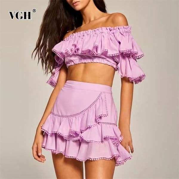 White Casual Two Piece Set For Women Slash Neck Short Sleeve Patchwork Ruffle Tops High Waist Skirts Elegant Sets Female 210531