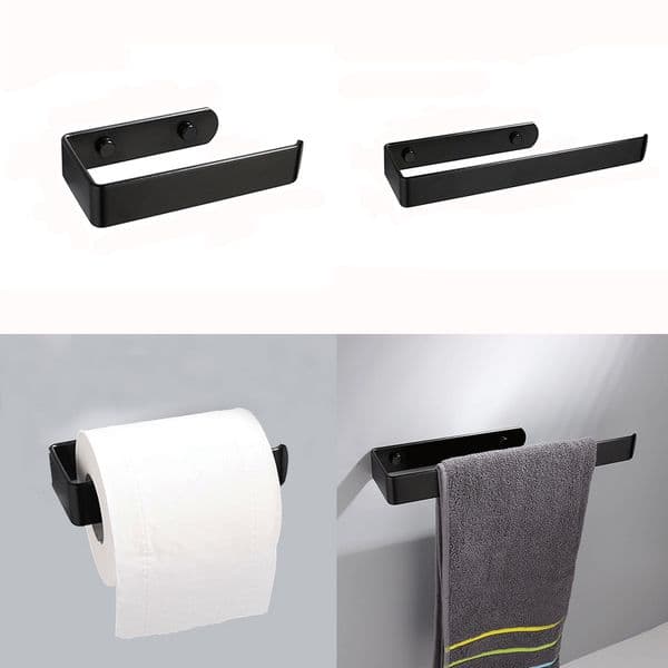 Black Toilet Roll Paper Holder Tissue Hand Towel Hanging Rack for Kitchen Bathroom Organizer Shelves Screw Mounted/Self-Adhesive 210320