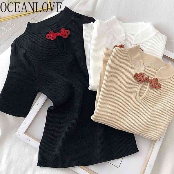 OCEANLOVE Knitted T Shirt Women Solid Chinese Style Vintage Fashion Ropa Mujer Summer Tops Tee Elegant T-shirt 17006 210322