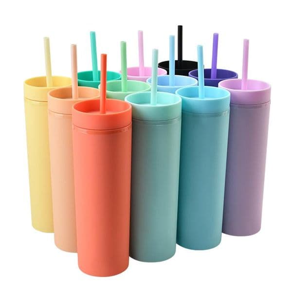 16Oz Acrylic Tumblers Matte Colors Double Wall 500Ml Tumbler Coffee Drinking Plastic Sippy Cup With Lid Straws GYQ B2