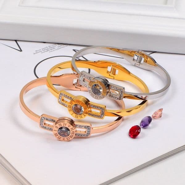 Fashion Design 3 Colors Women Bangles Roman Numerals Three-dimensional Colored CZ Stone Change Diamond Hollowed Titanium Steel Bracelet Couple Jewelry