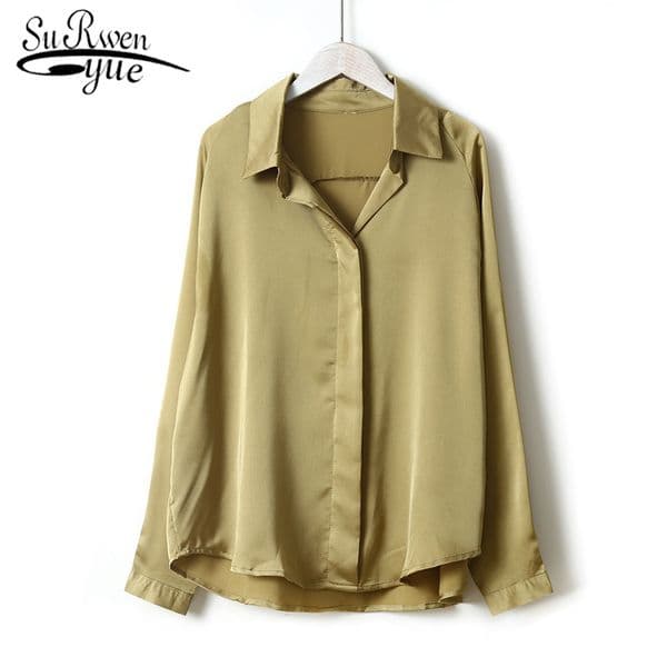 Women Long Sleeve Solid Turn-down Collar Button Tops and Blouses Autumn FashionTemperament Silk Shirt 6649 50 210508