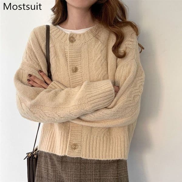 Twisted Knitted Vintage Women Cardigan Sweater Single-breasted O-neck Loose Fashion Female Jumpers Tops Femme 210514