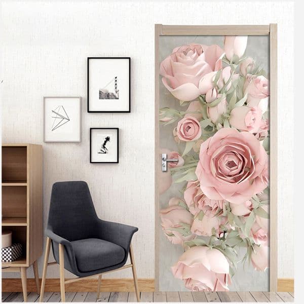 European Style Pink Rose Door Sticker For Living Room Bedroom Study PVC Self-adhesive Door Decor Art Mural Creative 3D Decals 210317