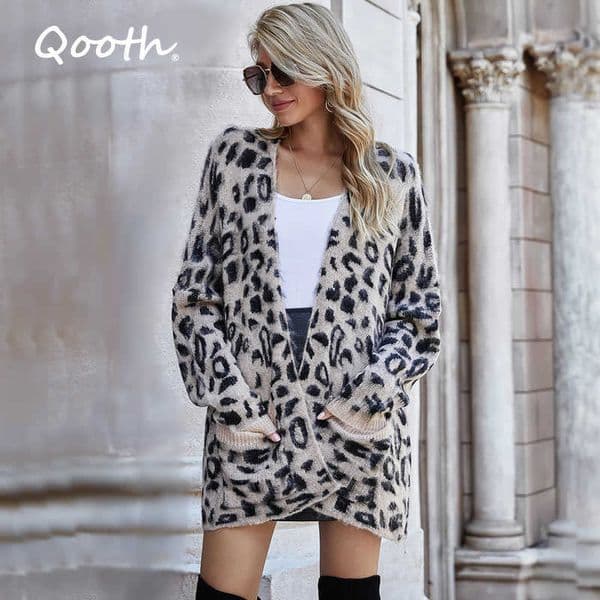 Qooth Animal Print Cardigan Women Full Sleeve Leopard Sweater Office Lazy Winter V-neck Loose Ins Clothes Coats QT336 210609