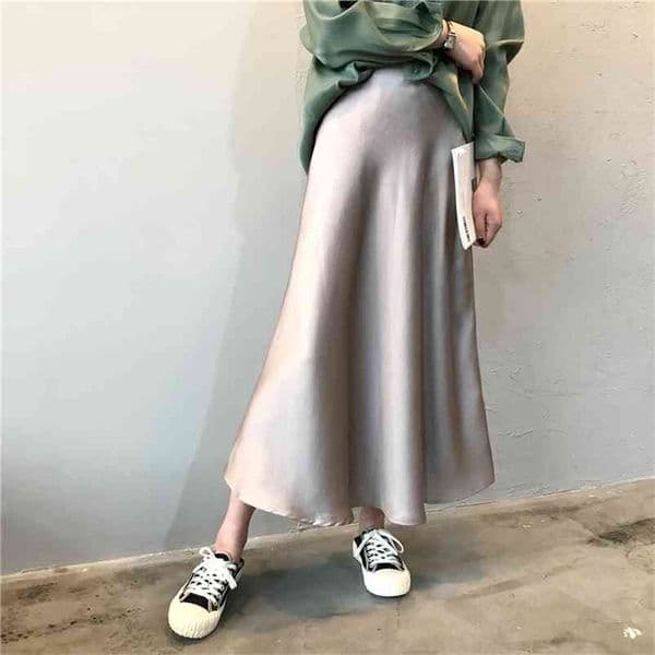 Women Silk Satin Skirt Spring Autumn High Waist Retro Long Skirt Chic Style A-Line Elegant Women's Skirts Elegant Ladies 210721