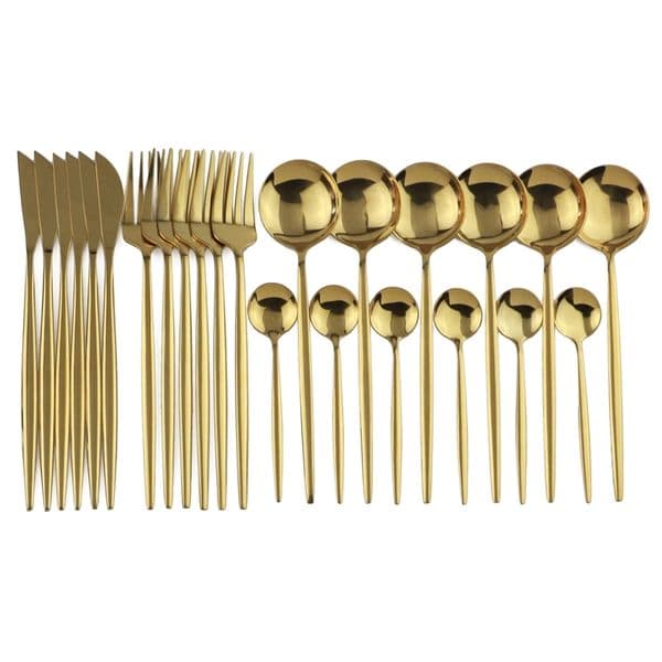 24pcs Gold Dinnerware Mirror Stainless Steel Tableware Knife Fork Coffee Spoon Flatware Dishwasher Safe Cutlery Set 210317