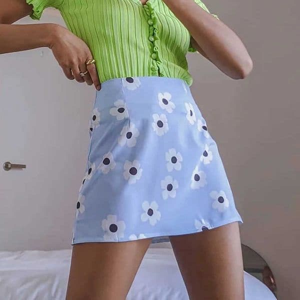 sweet women blue mini skirts summer fashion ladies high waist floral skirt party female vintage boho girls chic 210527