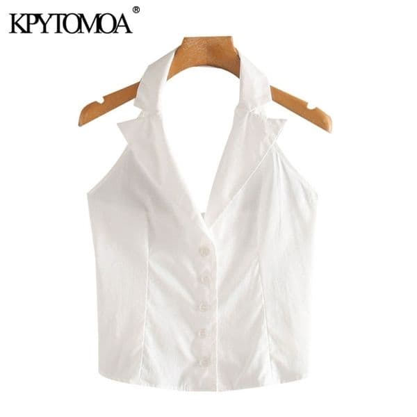 KPYTOMOA Women Chic Fashion Button-up Cropped Blouses Vintage Notched Collar Backless Female Shirts Blusas Chic Tops 210317