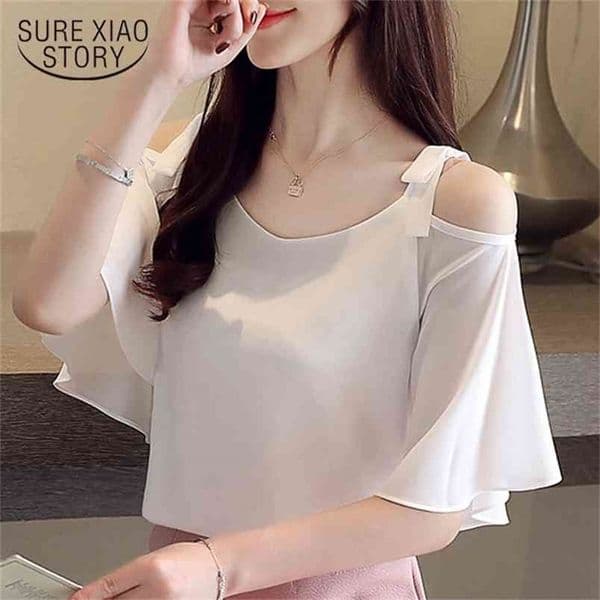 summer blouse for women off shoulder top white chiffon short sleeve shirts tops 4386 50 210506