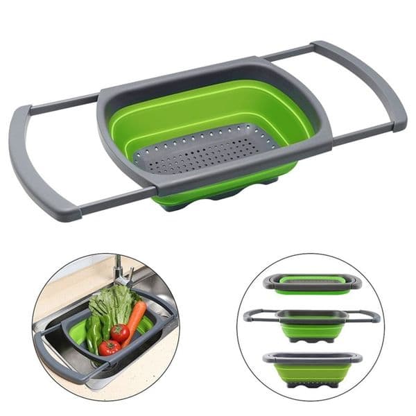 Creative Kitchen Silicone Collapsible Colander Fruit Vegetable Washing Drain Basket With Retractable Handle Accessories 210423