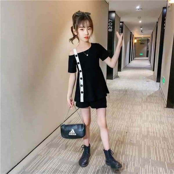 Teen Clothing Sets 8 10 12 Years Old 2 Pcs One Off Shoulder Suit For Summer Fashion Girls Clothes 210326
