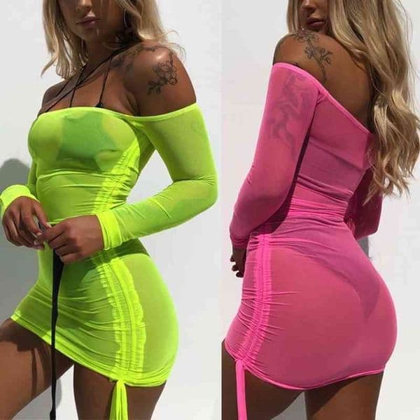 Autumn Long Sleeve Beach Style Neon Color Dress Sexy Mesh Sheer Bodycon Dress Womens Transparent See Through Mini Short Vestidos 210325