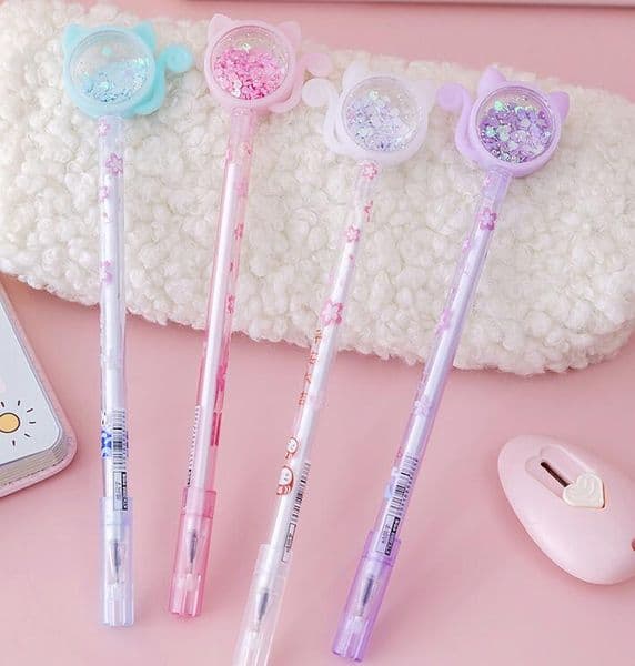 2026 New Wholesale Transparent Cat Sequins Pen 0 5Mm Student Cute Signature Gel Stationery Pens School Office Supplies Writing Tools Free Sh