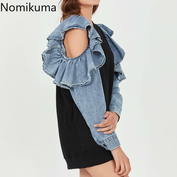 Nomikuma Women Sweatshirt Causal Strapless Ruffle Patchwork Long Sleeve Hoodies Spring New Causal Pullover Top Jumper 6D928 210427