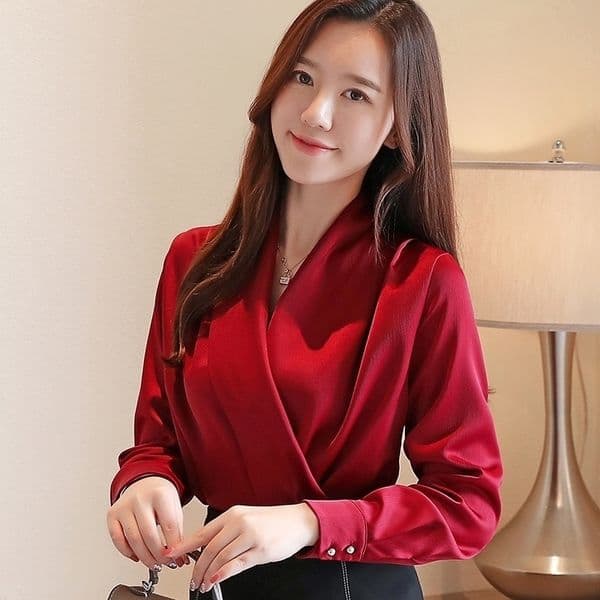 Autumn Korean Fashion Silk Women Blouses Satin Solid Womens Tops and Blouses Plus Size XXL Pink Long Sleeve Women Shirts 210317