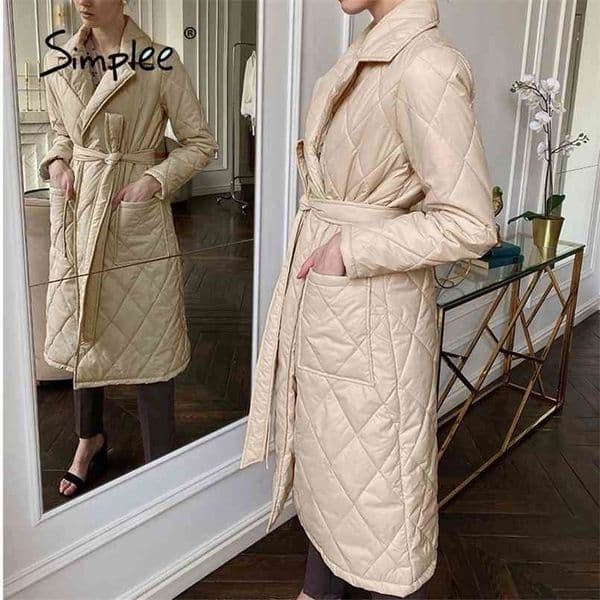 Long straight winter coat with rhombus pattern Casual sashe parkas Deep pockets tailored collar stylish outerwear 210819