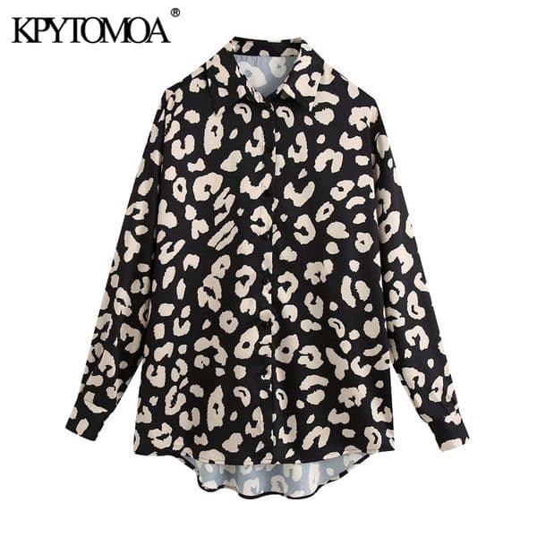 KPYTOMOA Women Fashion Animal Print Asymmetric Loose Blouses Vintage Long Sleeve Button-up Female Shirts Blusas Chic Tops 210317