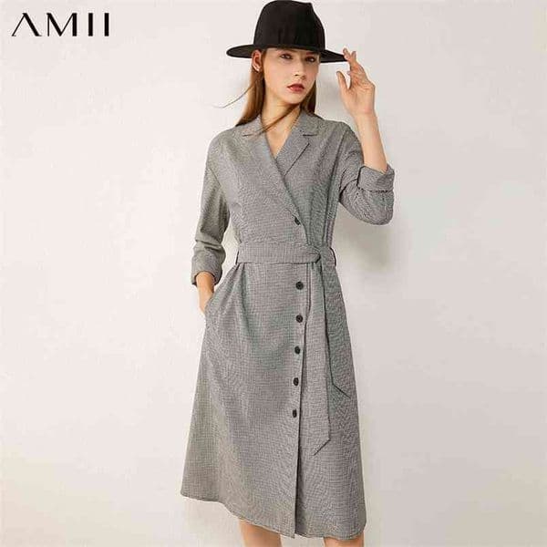 Minimalism Autumn Winter Women's Dress Suit Lapel Houndstooth Belt Knee-length es For Women 12040549 210527