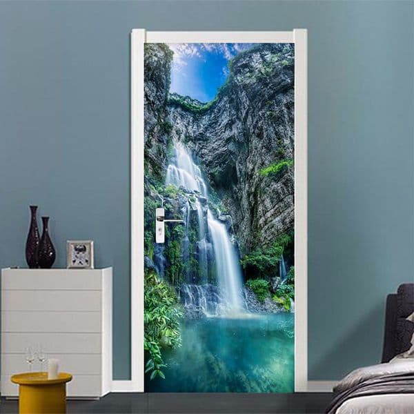 3D Waterfalls Landscape Door Sticker Home Decor Living Room Dining Room PVC Self-Adhesive Waterproof Wall Decals Vinyl Wallpaper 210317