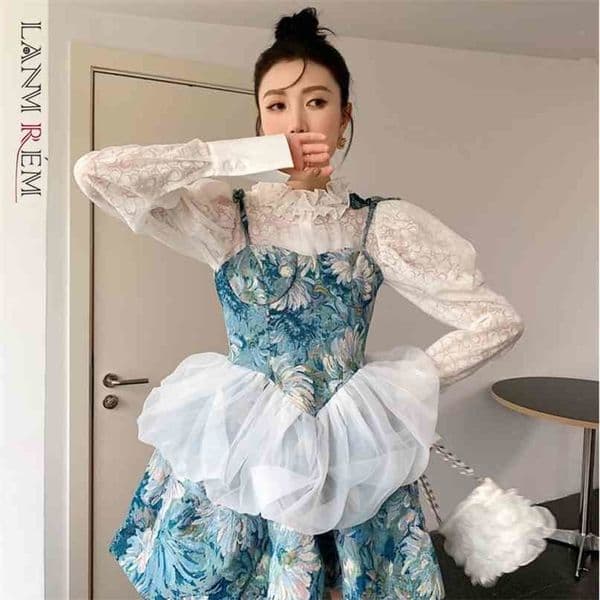 Women White Shirt Bubble Sweet Long Sleeve Lace Temperament Fashion Summer Arrivals 2H723 210526