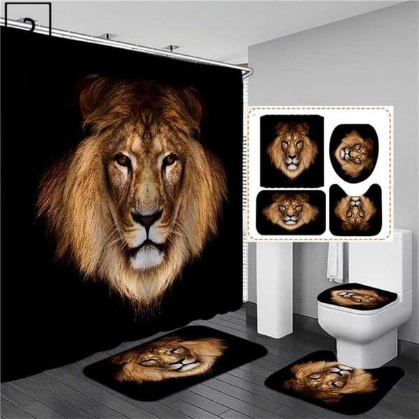 Animal Print Black Shower Curtains Lion Tiger 3D Bathroom Curtain Set Anti-slip Bath Mat Soft Toilet Lid Cover Home Rugs Carpets 211116