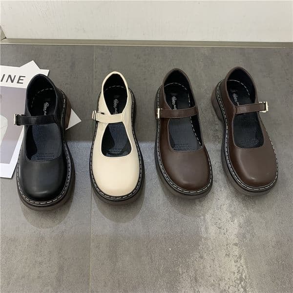 Women's Platform Shoes Thick Soled Round Toes Leather Shoes Mary Jane Shoes
