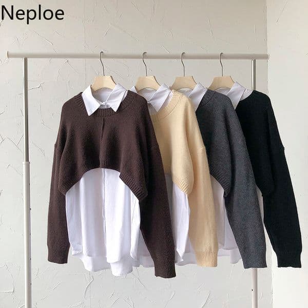Neploe Korean Fashion Suit Two Piece Outfits for Women Knitted Cropped Sweater Loose White Shirt Tops Casual 2 Piece Set 210422