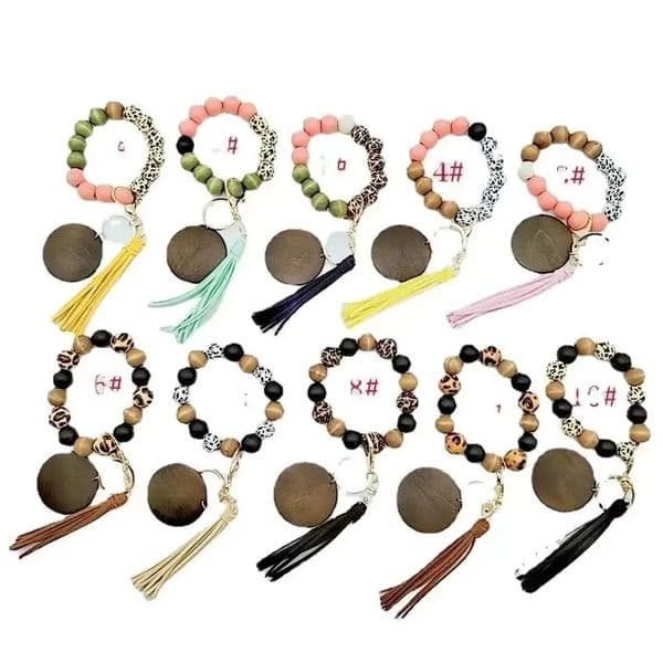 Silicone Wooden Beaded Leopard Wristlet Bracelet PU Leather Tassel Bracelets Bangle Wood Beads Wristband Key Ring Keychains Wrist Bands Christmas Gift WHT0228