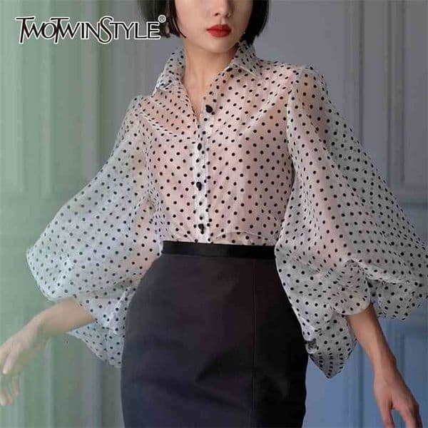 TWOTWINSTYLE Vintage Polka Dot Long Puff Sleeve Womens Tops and Blouses Plus Size Sheer Shirts Summer Clothes Ladies Korean 210323