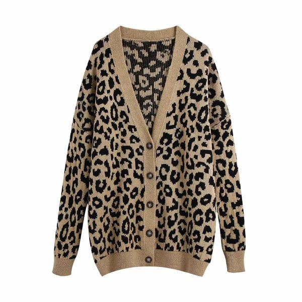 Fall Winter Women Knit Cardigan Lepard Printed V-neck Long Sleeves Sweater Casual Fashion Chic Woman Knitted Coat 210709