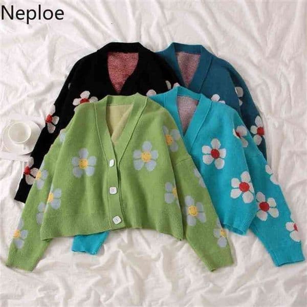 Neploe Preppy Style Flower Knit Cardigans Sweater Women V Neck Loose elegaht Thicked Pull Femme Print Short Casual Coat 565 210908