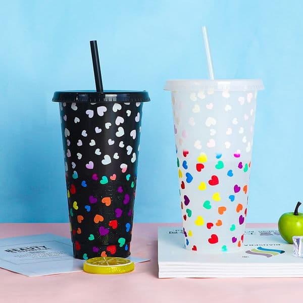 Creative love color changing cup 240oz710ml PP beverage cold blue plastic water cup single color changing straw cup manufacturers love process 50pcs Fre M260225